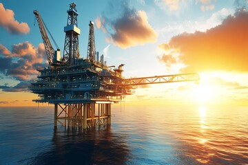 An offshore oil rig at sunset, with a large crane and a platform.