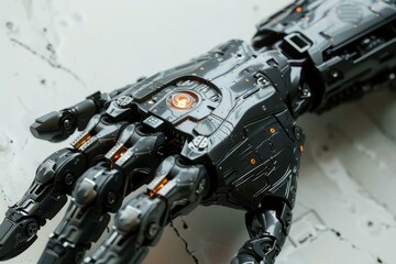 Poster - Advanced robotic hand with glowing orange lights, showcasing the intricate mechanics and futuristic design