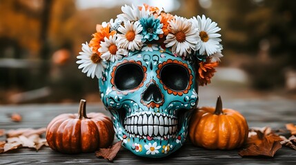 a vibrant sugar skull adorned with flowers, surrounded by pumpkins, perfect for halloween and dia de