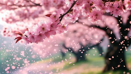 Under the cherry blossom trees in spring, pink cherry blossoms bloom, and petals fall gently, creating a romantic and warm atmosphere that makes people feel relaxed and relaxed.