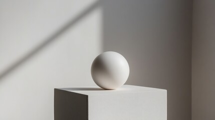 Wall Mural - White Egg Resting on a White Cube Against a White Wall with Shadow