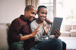 © Frank Coop/peopleimages.com - Black couple, home and happy for wave with tablet on video call for online budget consultation on couch. People, relationship and smile or excited with virtual meeting for marriage counseling