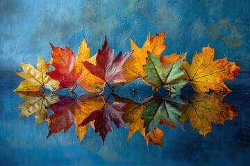 Wall Mural - A display of vibrant fall leaves set on a reflective indigo surface.