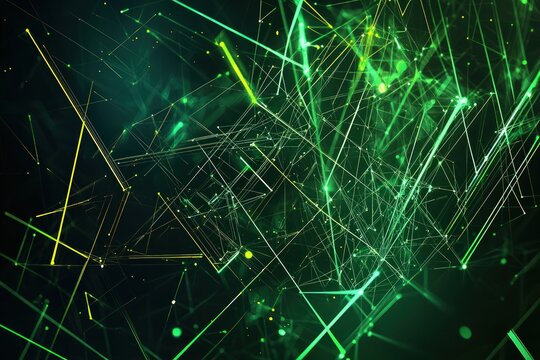 A digital abstract composed of geometric shapes, neon green lines, and dots against a dark background, evoking a sense of advanced technology or digital networks.