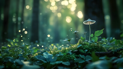 A lush green forest is home to a small white flower and a mushroom perched atop it, surrounded by an abundance of leaves