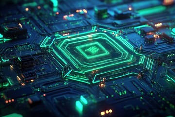 Poster - Futuristic Circuit Board with Glowing Green Lines and Orange Lights