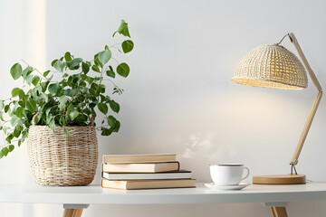 Table with books, cup of tea, houseplant and desk lamp near white wall