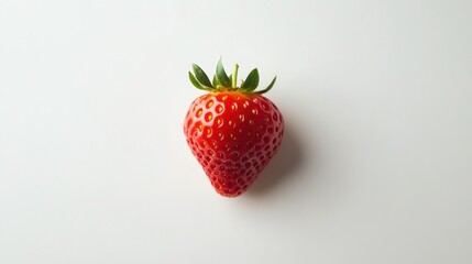 Wall Mural - A Single, Ripe Strawberry with Green Leaves on a White Background