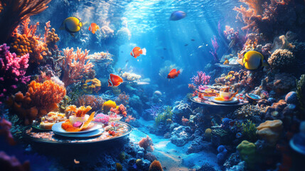 underwater restaurant with tropical fish, vibrant coral, and exquisite seafood dishes creating an en