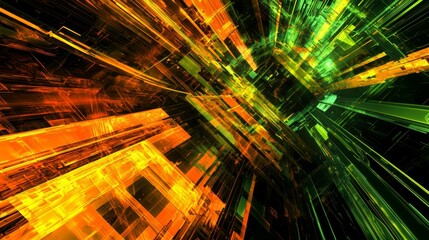 Poster - Captivating abstract technology background with vibrant orange and green lights, evoking a futuristic cyber network. Perfect for wallpapers, banners, and social media in various industries