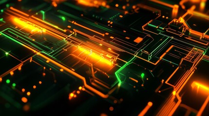 Poster - Abstract background with glowing orange and green lines forming a complex pattern resembling a circuit board. The image conveys a sense of advanced technology and digital innovation