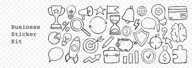 Collection of hand drawn charcoal business shapes in doodle line art style. Concept of marketing, finance, success. Vector ink illustration with pastel or chalk drawn rough texture. Dry paint sketch.