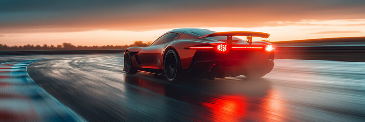 Electric sports car speeds down a rain-soaked track at sunset, highlighting sleek design and powerful performance in a dramatic setting