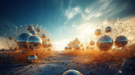 Abstract scfi-fi landscape with connected 3D balls and molecular grid structure. Futuristic surreal abstraction.