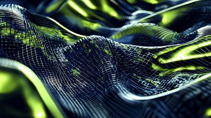 Poster - Metallic mesh with a grid pattern is forming a wavy surface, illuminated with green and blue lights. This futuristic material is ideal for technology and innovation related concepts