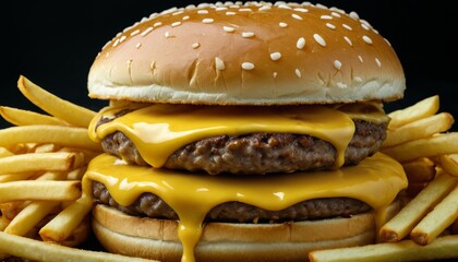 A mouth-watering close-up shot of a double cheeseburger with layers of melting cheddar cheese, juicy beef patties, and a sesame seed bun, surrounded by golden fries. The image emphasizes the indulgent