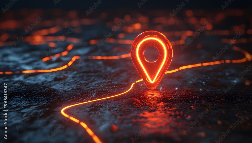 Illuminated location pin symbol glowing on a dark abstract map ...