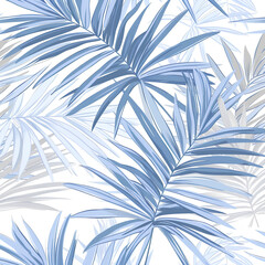 Wall Mural - blue and grey palm leaves on a white background, with soft lines and organic shapes, suitable for summer wear accessories or beachwear, suitable as textile fabric.