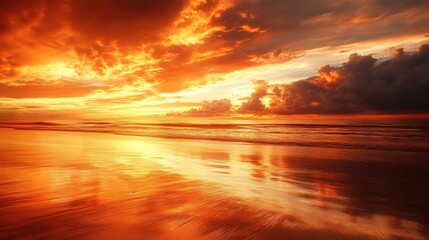 Wall Mural - Sunset on a pristine beach, with the sky painted in deep oranges and reds, and the sea reflecting the warm colors