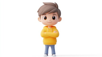 Wall Mural - A cheerful cartoon boy in a yellow hoodie stands confidently with arms crossed.