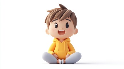 Wall Mural - A cheerful cartoon boy in a yellow hoodie, sitting and smiling happily.