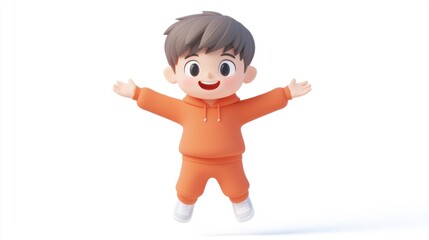 Canvas Print - A cheerful cartoon boy in an orange outfit jumps with joy against a white background.