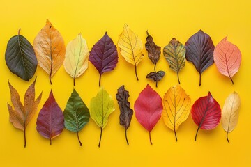 Wall Mural - A collection of colorful autumn leaves, each uniquely shaped and colored, artfully arranged on a yellow backdrop to highlight their fall hues.