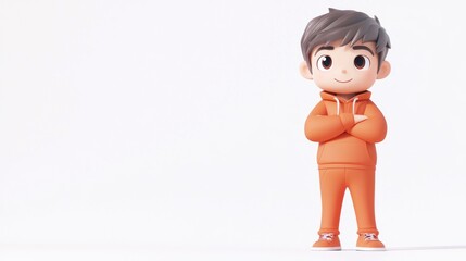 Wall Mural - A cheerful cartoon boy in an orange outfit stands confidently with arms crossed.