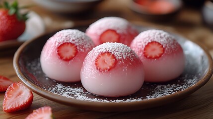 Wall Mural - Four strawberry mochi on a brown plate, dusted with powdered sugar.