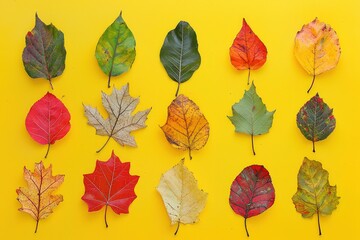 Wall Mural - A collection of colorful autumn leaves, each uniquely shaped and colored, artfully arranged on a yellow backdrop to highlight their fall hues.