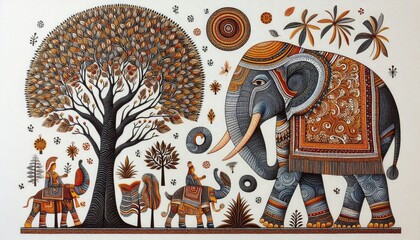 High-resolution stock photo of traditional Gond art elephants and trees, photographed on a white canvas backdrop, featuring detailed textures and vibrant colors