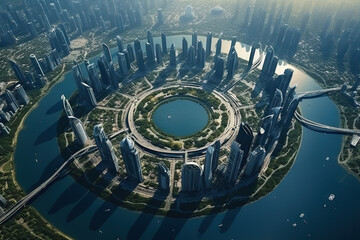 Wall Mural - Futuristic city aerial view at sunny day. Round structure of sci-fi metropolis from the bird view