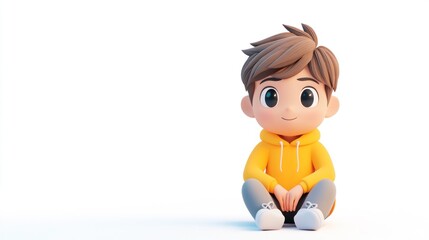 Sticker - A cheerful cartoon boy sitting on the ground, wearing a yellow hoodie and smiling.