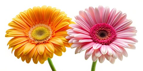 close-up of two gerbera daisies, one orange and one pink, isolated on a white background, flower, bl