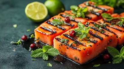 Grilled watermelon cubes with mint, cranberries and lime wedges on dark background.