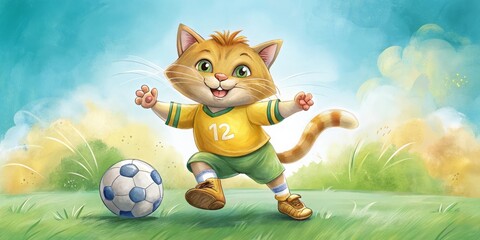 Happy cartoon cat wearing a sports uniform playing soccer outdoors in the grass. Football.