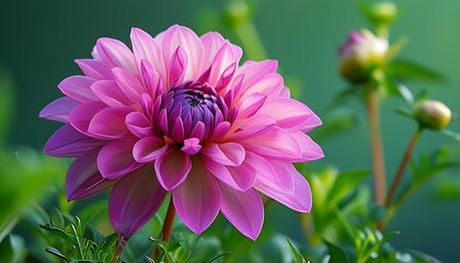 Against a green background, a pink and purple flower blooms, surrounded by plants, showing the beauty and vitality of nature.