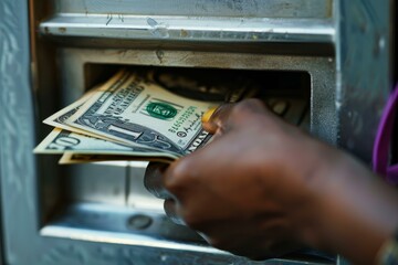 Sticker - Person is depositing a stack of us dollar bills into an atm on the street