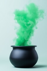 A black cauldron with green smoke rising from it