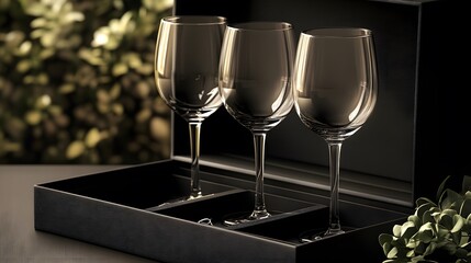 Set of Elegant Wine Glasses in a Luxurious Gift Box with Soft Lighting