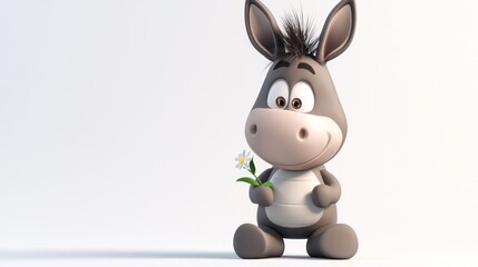 A cheerful cartoon donkey holding a flower, exuding a friendly and playful vibe.