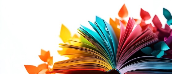 Create a book be opened with colorful illustrated leaves from colored pages, represented knowledge and storytelling.