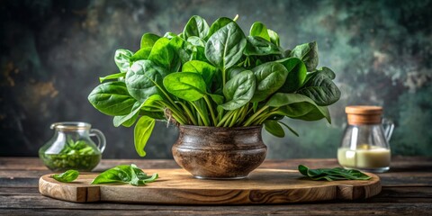 Fresh Spinach in a Rustic Clay Pot on a Wooden Board, Green, Healthy, Kitchen ,spinach, rustic, pot