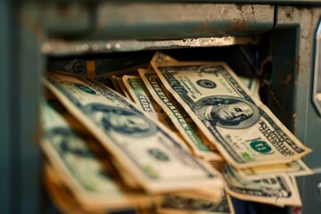 Wall Mural - Stack of one hundred dollar bills overflowing from a rusty safe