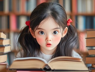 Bright Young Scholar: Curious Girl with Pigtails Studying in Library