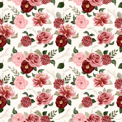 Wall Mural - red pink floral vintage watercolor seamless pattern