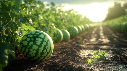 Wall Mural - A row of watermelons growing in a field, bathed in the warm glow of the setting sun.