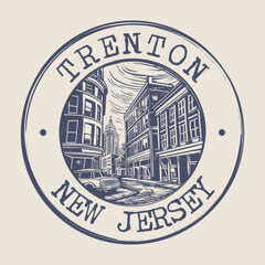 Sticker - Trenton, New Jersey Stamp City Postmark. Silhouette Postal Passport. Round Vector Icon. Vintage Postage Design.	
