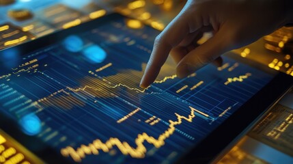 Poster - A close-up of a gold price graph on a tablet, with a financial analyst's hand pointing at key data, set against a background of financial newspapers.