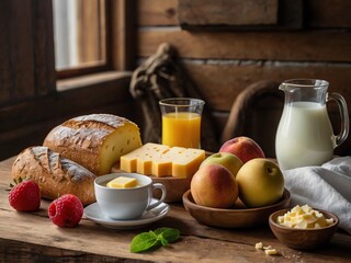 Fruits, milk, bread, butter and cheese wallpaper background to indicate nutrition breakfast with the prosperous greets	